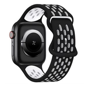 Apple Watch 4-6, SE, SE (2022) (42 / 44 mm) / Watch 7-9 (45 mm) / Watch 10 (46 mm) / Watch Ultra 1-2 (49 mm), szilikon pótszíj, légáteresztő, lyukacsos, ovális lyukas, kétszínű, fekete/fehér
