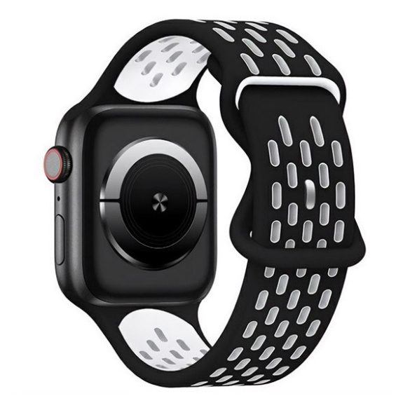 Apple Watch 4-6, SE, SE (2022) (42 / 44 mm) / Watch 7-9 (45 mm) / Watch 10 (46 mm) / Watch Ultra 1-2 (49 mm), szilikon pótszíj, légáteresztő, lyukacsos, ovális lyukas, kétszínű, fekete/fehér