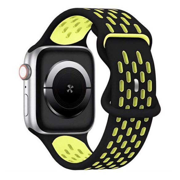 Apple Watch 4-6, SE, SE (2022) (38 / 40 mm) / Watch 7-9 (41 mm) / Watch 10 (42 mm), szilikon pótszíj, légáteresztő, lyukacsos, ovális lyukas, kétszínű, fekete/sárga