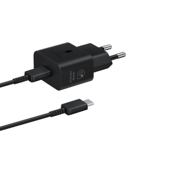 Hálózati töltő adapter, 25W, USB Type-C aljzat, USB Type-C - USB Type-C kábellel, PD, GaN, gyorstöltés, Samsung, fekete, gyári