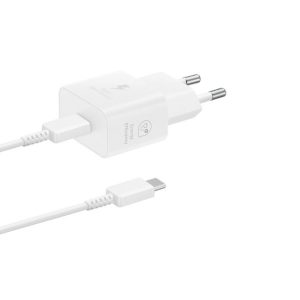 Hálózati töltő adapter, 25W, USB Type-C aljzat, USB Type-C - USB Type-C kábellel, PD, GaN, gyorstöltés, Samsung, fehér, gyári