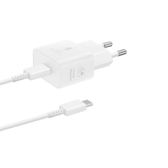 Hálózati töltő adapter, 25W, USB Type-C aljzat, USB Type-C - USB Type-C kábellel, PD, GaN, gyorstöltés, Samsung, fehér, gyári