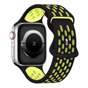 Apple Watch 4-6, SE, SE (2022) (42 / 44 mm) / Watch 7-9 (45 mm) / Watch 10 (46 mm) / Watch Ultra 1-2 (49 mm), szilikon pótszíj, légáteresztő, lyukacsos, ovális lyukas, kétszínű, fekete/sárga