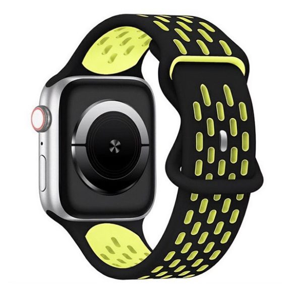 Apple Watch 4-6, SE, SE (2022) (42 / 44 mm) / Watch 7-9 (45 mm) / Watch 10 (46 mm) / Watch Ultra 1-2 (49 mm), szilikon pótszíj, légáteresztő, lyukacsos, ovális lyukas, kétszínű, fekete/sárga
