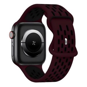Apple Watch 4-6, SE, SE (2022) (42 / 44 mm) / Watch 7-9 (45 mm) / Watch 10 (46 mm) / Watch Ultra 1-2 (49 mm), szilikon pótszíj, légáteresztő, lyukacsos, ovális lyukas, kétszínű, fekete/bordó
