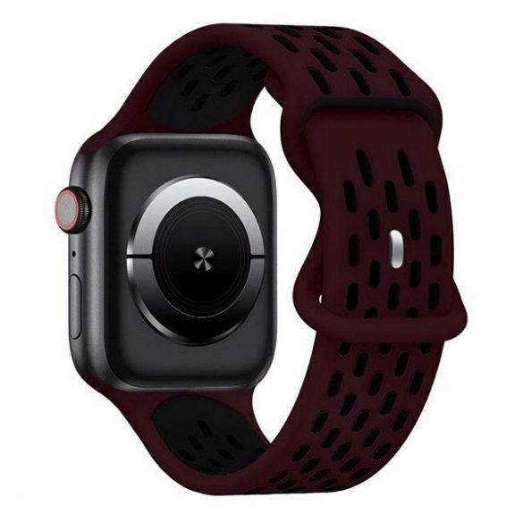Apple Watch 4-6, SE, SE (2022) (42 / 44 mm) / Watch 7-9 (45 mm) / Watch 10 (46 mm) / Watch Ultra 1-2 (49 mm), szilikon pótszíj, légáteresztő, lyukacsos, ovális lyukas, kétszínű, fekete/bordó
