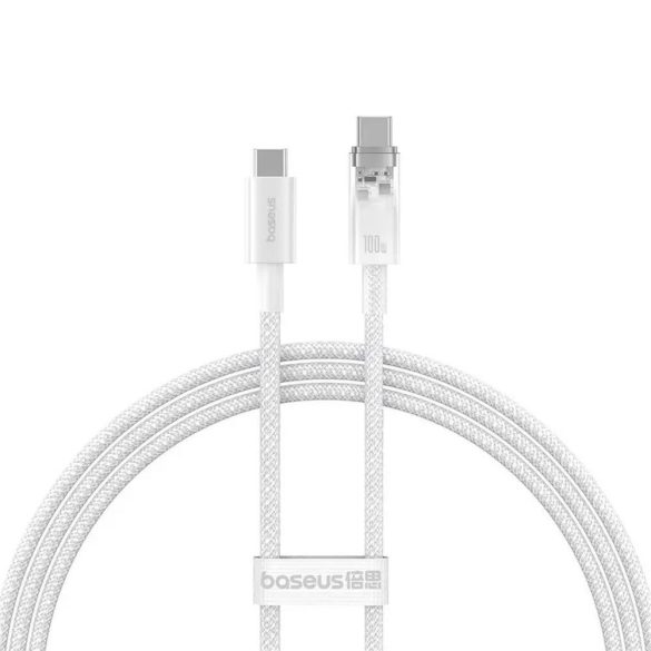 USB Type-C töltő- és adatkábel, USB Type-C, 100 cm, 6000 mA, 100W, gyorstöltés, PD, cipőfűző minta, Baseus Explorer, fehér