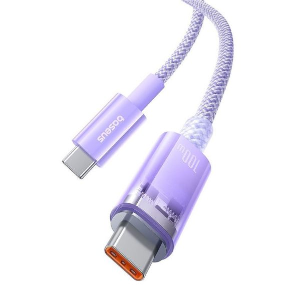 USB Type-C töltő- és adatkábel, USB Type-C, 100 cm, 6000 mA, 100W, gyorstöltés, PD, cipőfűző minta, Baseus Explorer, lila