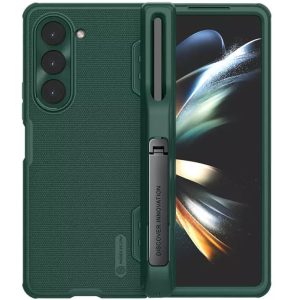 Samsung Galaxy Z Fold5 SM-F946B, Műanyag hátlap védőtok, szilikon keret, légpárnás sarok, kitámasztó, Ceruza tartó, Nillkin Super Frosted Shield Fold, sötétzöld