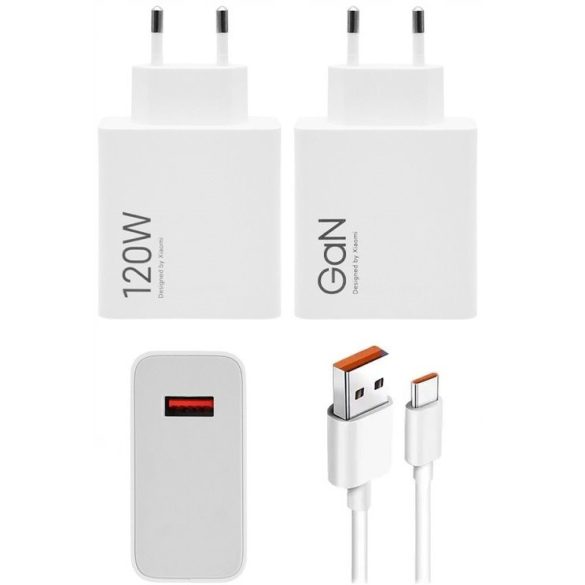 Hálózati töltő adapter, 120W, USB aljzat, USB Type-C kábellel, gyorstöltés, GaN, Xiaomi, fehér, gyári