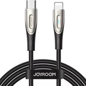 USB Type-C töltő- és adatkábel, Lightning, 120 cm, 30W, gyorstöltés, LED-es, cipőfűző minta, Joyroom Star-Light, SA27-CL3, fekete