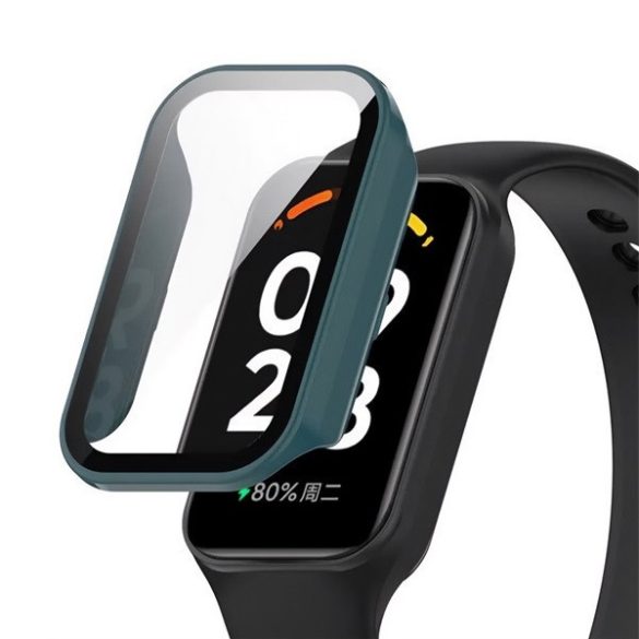 Xiaomi Smart Band 8 Active / Redmi Smart Band 2, Műanyag védőkeret, kijelzővédő üveggel, közepesen ütésálló, szíj nélkül, sötétzöld