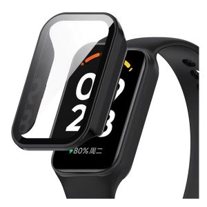 Xiaomi Smart Band 8 Active / Redmi Smart Band 2, Műanyag védőkeret, kijelzővédő üveggel, közepesen ütésálló, szíj nélkül, fekete