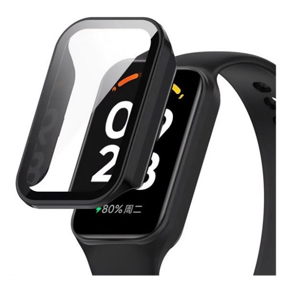 Xiaomi Smart Band 8 Active / Redmi Smart Band 2, Műanyag védőkeret, kijelzővédő üveggel, közepesen ütésálló, szíj nélkül, fekete