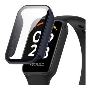 Xiaomi Smart Band 8 Active / Redmi Smart Band 2, Műanyag védőkeret, kijelzővédő üveggel, közepesen ütésálló, szíj nélkül, sötétkék