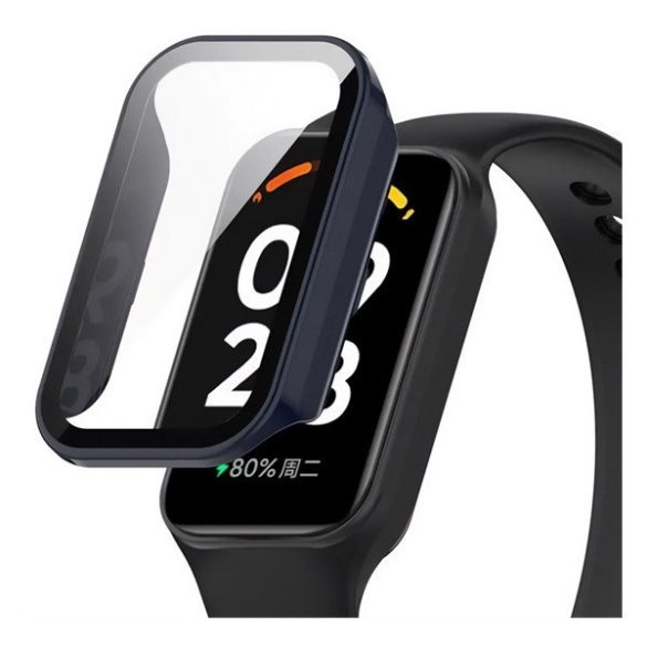 Xiaomi Smart Band 8 Active / Redmi Smart Band 2, Műanyag védőkeret, kijelzővédő üveggel, közepesen ütésálló, szíj nélkül, sötétkék