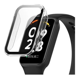 Xiaomi Smart Band 8 Active / Redmi Smart Band 2, Műanyag védőkeret, kijelzővédő üveggel, közepesen ütésálló, szíj nélkül, átlátszó
