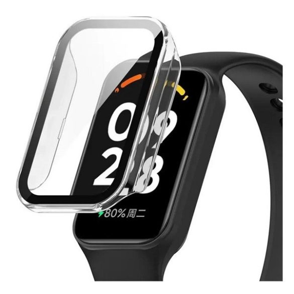 Xiaomi Smart Band 8 Active / Redmi Smart Band 2, Műanyag védőkeret, kijelzővédő üveggel, közepesen ütésálló, szíj nélkül, átlátszó
