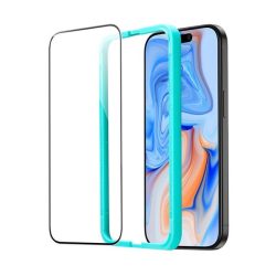   Apple iPhone 15 Plus / 16 Plus, Kijelzővédő fólia, ütésálló fólia (az íves részre is!), Tempered Glass (edzett üveg), segéd kerettel, ESR, fekete