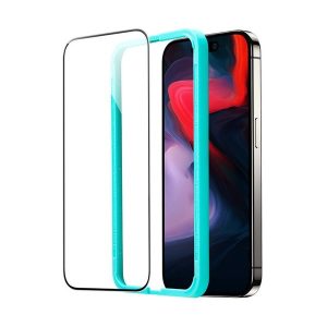 Apple iPhone 15 Pro Max, Kijelzővédő fólia, ütésálló fólia (az íves részre is!), Tempered Glass (edzett üveg), segéd kerettel, ESR, fekete