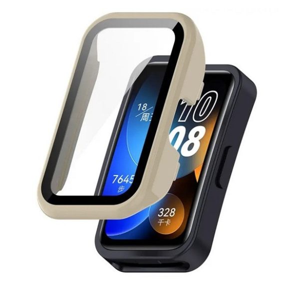 Huawei Band 8 / 9 / 10, Műanyag védőkeret, kijelzővédő üveggel, közepesen ütésálló, szíj nélkül, krém