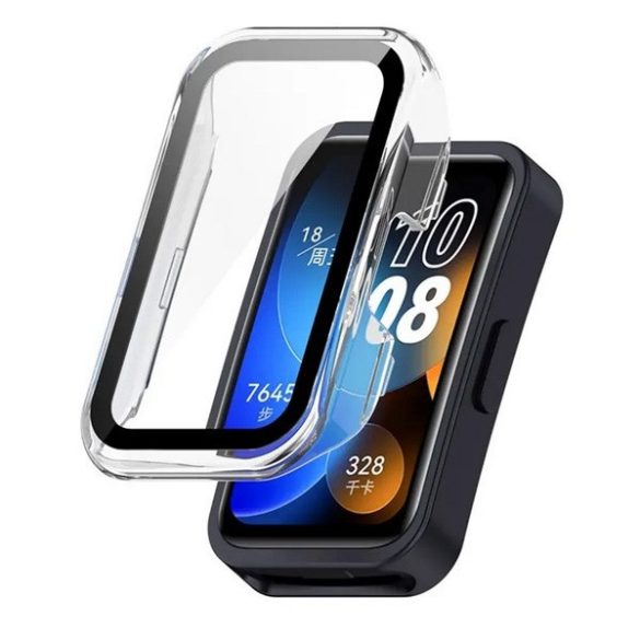 Huawei Band 8 / 9 / 10, Műanyag védőkeret, kijelzővédő üveggel, közepesen ütésálló, szíj nélkül, átlátszó