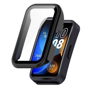 Huawei Band 8 / 9 / 10, Műanyag védőkeret, kijelzővédő üveggel, közepesen ütésálló, szíj nélkül, fekete