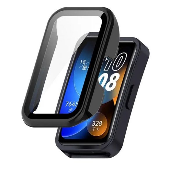 Huawei Band 8 / 9 / 10, Műanyag védőkeret, kijelzővédő üveggel, közepesen ütésálló, szíj nélkül, fekete