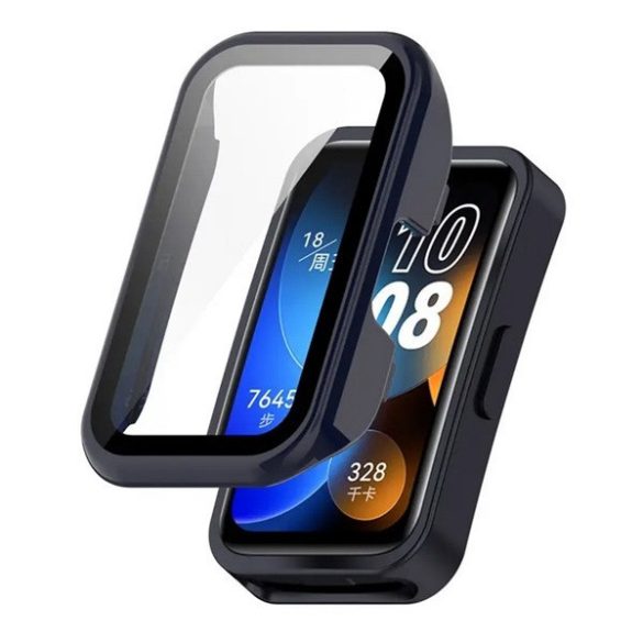 Huawei Band 8 / 9 / 10, Műanyag védőkeret, kijelzővédő üveggel, közepesen ütésálló, szíj nélkül, sötétkék