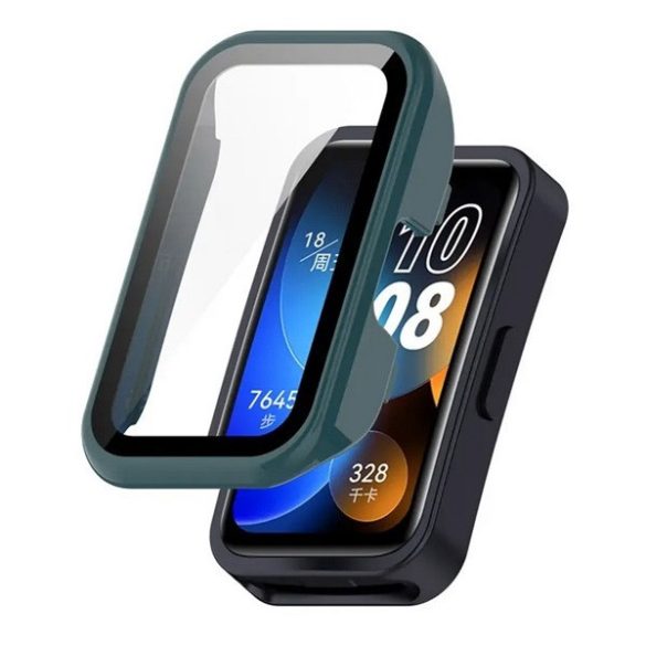 Huawei Band 8 / 9 / 10, Műanyag védőkeret, kijelzővédő üveggel, közepesen ütésálló, szíj nélkül, sötétzöld