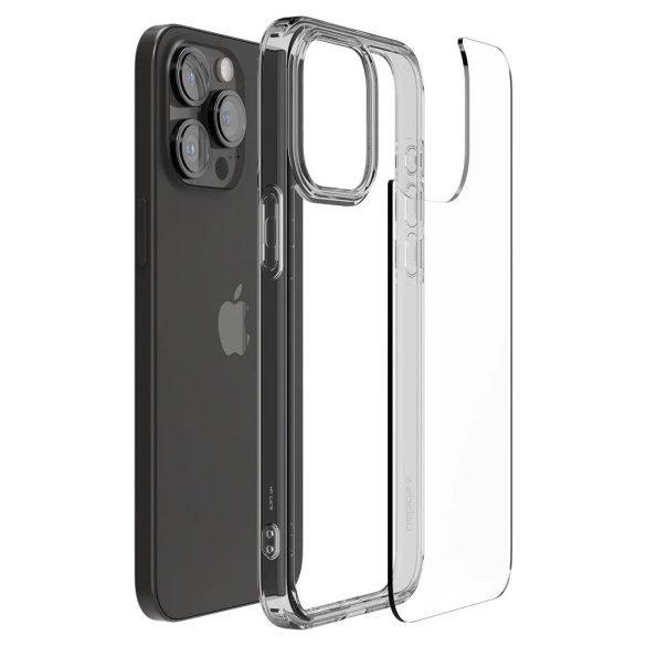 Apple iPhone 15 Pro, Műanyag hátlap védőtok + szilikon keret, Spigen Ultra Hybrid, átlátszó/piros