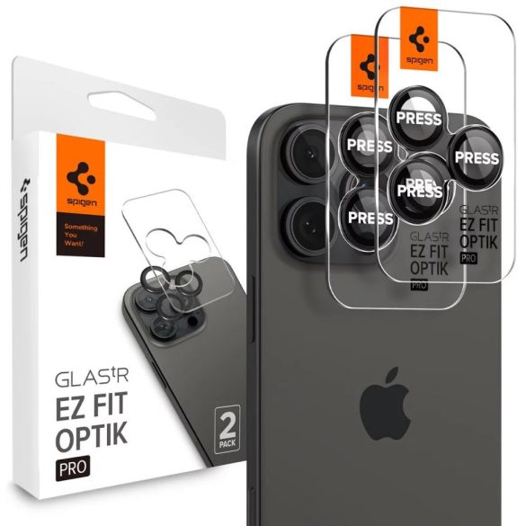 Apple iPhone 16 Pro / 16 Pro Max, Kamera lencsevédő fólia, ütésálló fólia, Tempered Glass (edzett üveg), Spigen Glastr Ez Fit Optik Pro, fekete, 2 db / csomag