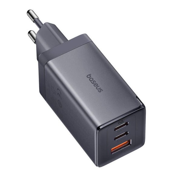 Hálózati töltő adapter, 65W, USB aljzat, 2 x USB Type-C aljzat, USB Type-C - USB Type-C kábellel, gyorstöltés, PD 3.0, QC 3.0, GaN5, Baseus GaN5 Ultra, szürke