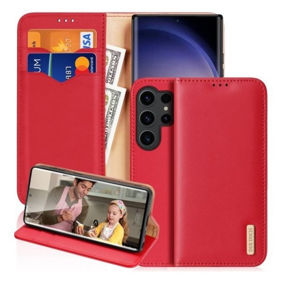 Samsung Galaxy S24 Ultra SM-S928, Oldalra nyíló tok, valódi bőrtok, stand, Dux Ducis Hivo, piros