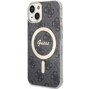 Apple iPhone 15, Műanyag hátlap védőtok, textíl hátlap, Guess minta, Magsafe kompatibilis, Guess 4G, fekete