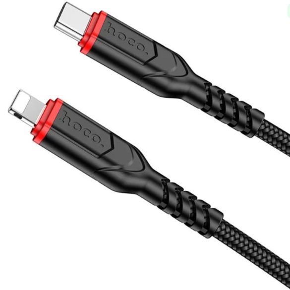 USB Type-C töltő- és adatkábel, Lightning, 200 cm, 3000mA, 20W, törésgátlóval, gyorstöltés, PD, QC, cipőfűző minta, Hoco X59 Victory, fekete