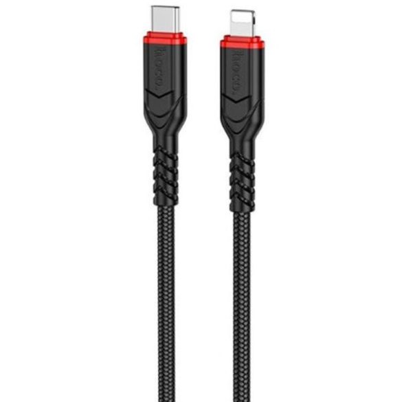 USB Type-C töltő- és adatkábel, Lightning, 200 cm, 3000mA, 20W, törésgátlóval, gyorstöltés, PD, QC, cipőfűző minta, Hoco X59 Victory, fekete