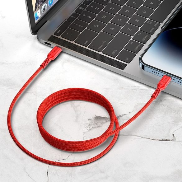USB Type-C töltő- és adatkábel, Lightning, 200 cm, 3000mA, 20W, törésgátlóval, gyorstöltés, PD, QC, cipőfűző minta, Hoco X59 Victory, piros