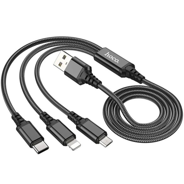 USB töltő- és adatkábel 3in1, USB Type-C, Lightning, microUSB, 100 cm, 2000 mA, gyorstöltés, cipőfűző minta, Hoco X76 Super, fekete