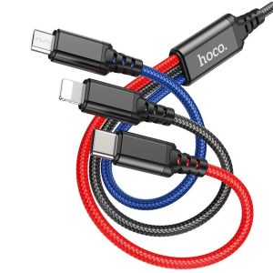 USB töltő- és adatkábel 3in1, USB Type-C, Lightning, microUSB, 100 cm, 2000 mA, gyorstöltés, cipőfűző minta, Hoco X76 Super, fekete/színes