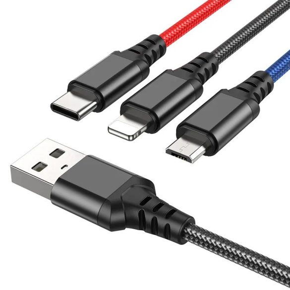 USB töltő- és adatkábel 3in1, USB Type-C, Lightning, microUSB, 100 cm, 2000 mA, gyorstöltés, cipőfűző minta, Hoco X76 Super, fekete/színes