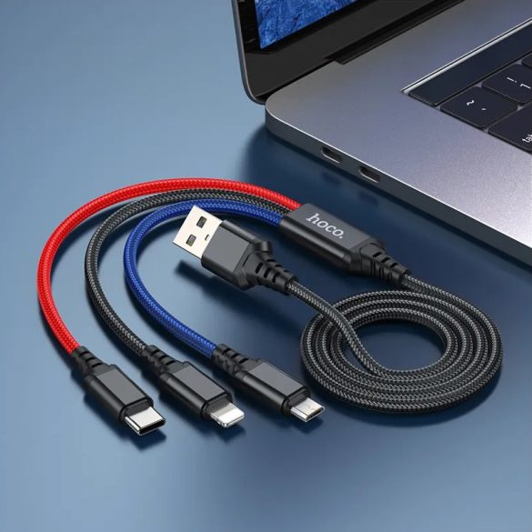 USB töltő- és adatkábel 3in1, USB Type-C, Lightning, microUSB, 100 cm, 2000 mA, gyorstöltés, cipőfűző minta, Hoco X76 Super, fekete/színes