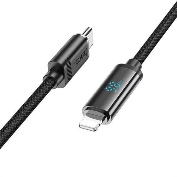 USB Type-C töltő- és adatkábel, Lightning, 120 cm, 27W, 2400mA, törésgátlóval, LED kijelzővel, gyorstöltés, PD, Hoco U127, fekete
