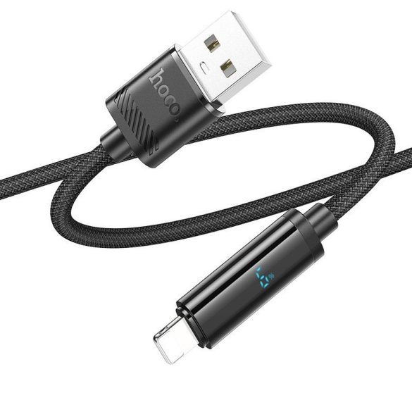 USB töltő- és adatkábel, Lightning, 120 cm, 27W, 2400mA, törésgátlóval, LED kijelzővel, gyorstöltés, PD, Hoco U127, fekete