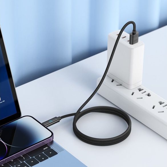 USB töltő- és adatkábel, Lightning, 120 cm, 27W, 2400mA, törésgátlóval, LED kijelzővel, gyorstöltés, PD, Hoco U127, fekete