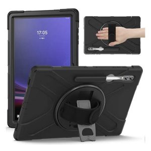 Samsung Galaxy Tab S9 Ultra 14.6 SM-X910 / X916B, Műanyag hátlap védőtok, szilikon belső, kitámasztóval, kézpánt, vállpánt, Defender, fekete