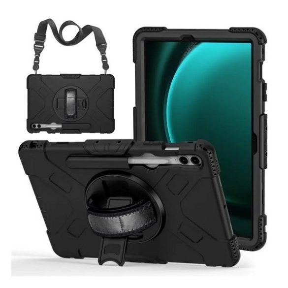 Samsung Galaxy Tab S9 Plus 12.4 SM-X810 / X816B, Műanyag hátlap védőtok, szilikon belső, kitámasztóval, kézpánt, vállpánt, Defender, fekete