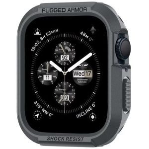 Apple Watch 4-6, SE, SE (2022) (44 mm) / Watch 7-9 (45 mm), Szilikon védőkeret, ütésálló, szíj nélkül, Spigen Rugged Armor, sötétszürke