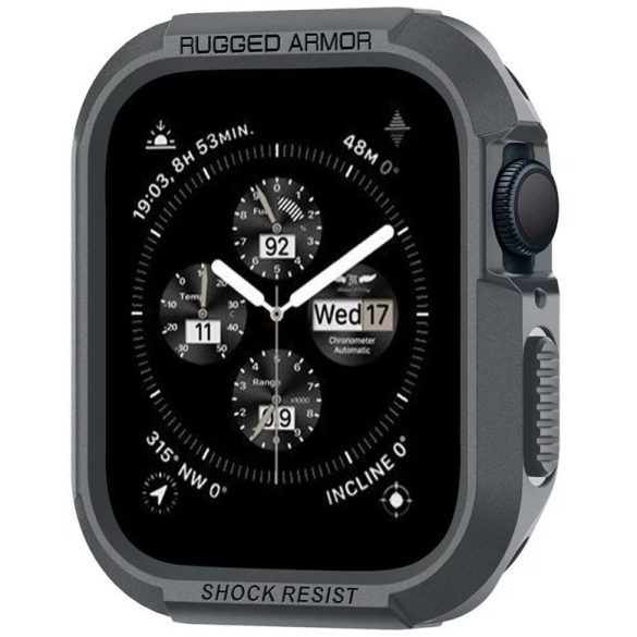 Apple Watch 4-6, SE, SE (2022) (44 mm) / Watch 7-9 (45 mm), Szilikon védőkeret, ütésálló, szíj nélkül, Spigen Rugged Armor, sötétszürke