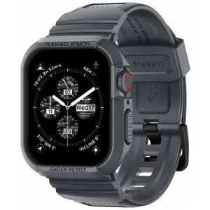 Apple Watch 4-6, SE, SE (2022) (44 mm) / Watch 7-9 (45 mm), Szilikon védőkeret, ütésálló, szíjjal, Spigen Rugged Armor Pro, sötétszürke